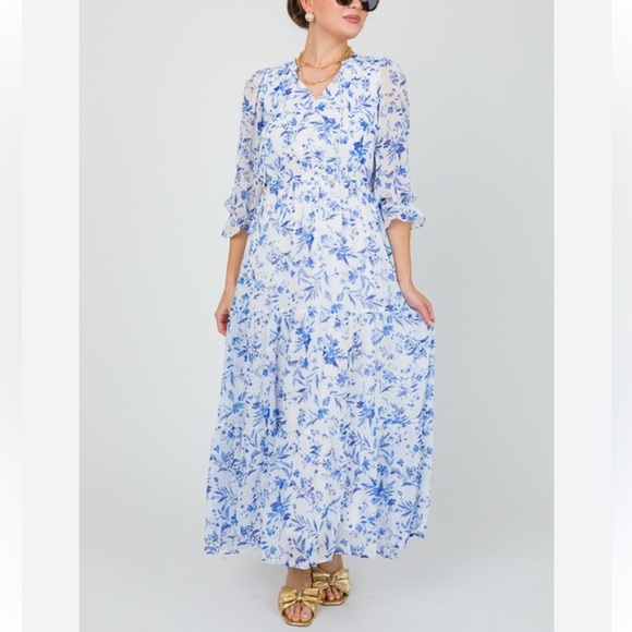 Spring Tea Maxi Dress-French Blue Pretty In Floral Dress size L - Picture 7 of 9